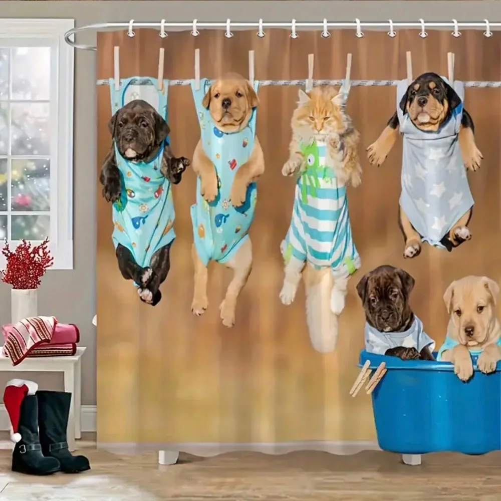 Hanging Puppies & Kitten Novelty Shower Curtain